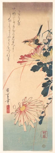 A Wren and Chrysanthemums by Utagawa Hiroshige (歌川広重), print, 1820-1840