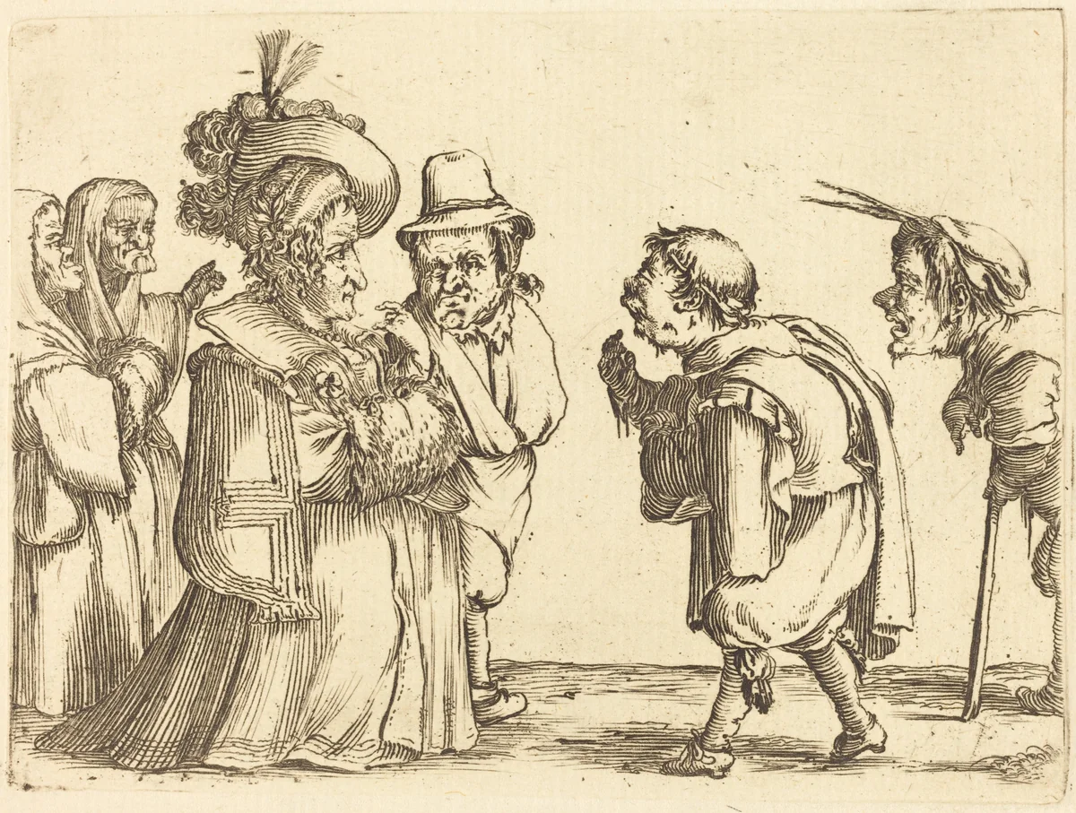 A Lady Greeted by a Dwarf by Stefano della Bella, print, 1610-1664
