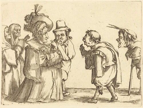 A Lady Greeted by a Dwarf by Stefano della Bella, print, 1610-1664