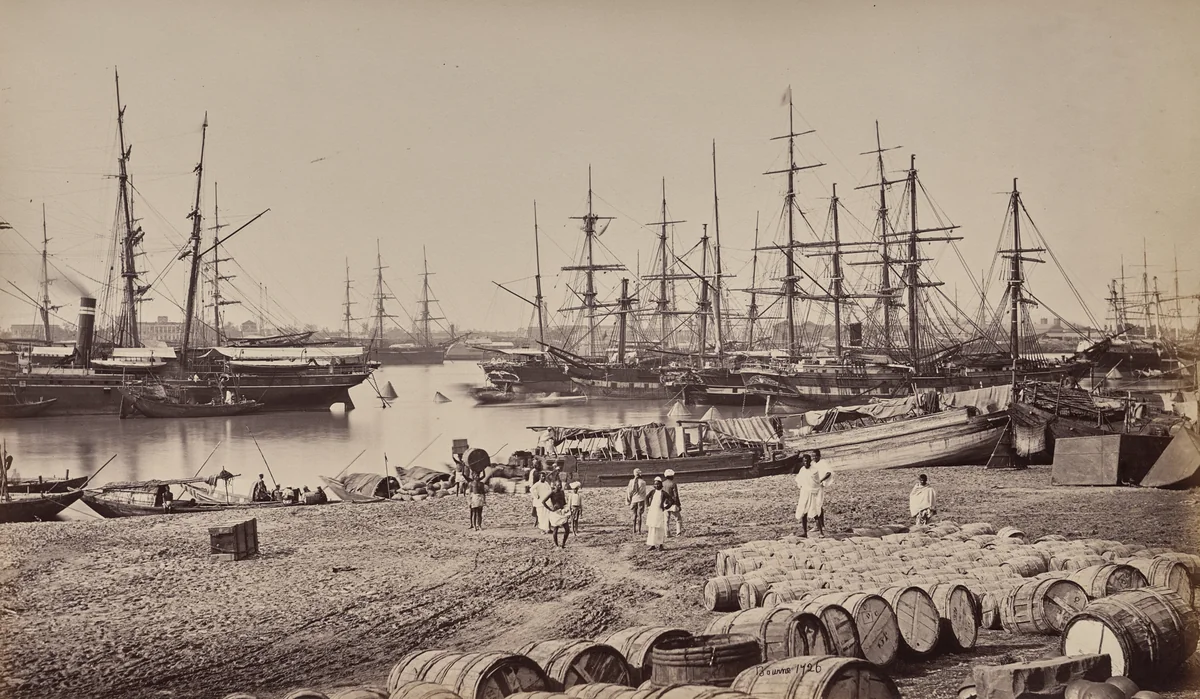 Calcutta. The Custom House Landing Place. Shipping in the River Hoogly by Samuel Bourne, photograph, 1863-1870