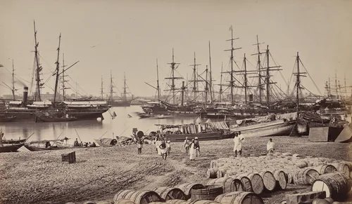 Calcutta. The Custom House Landing Place. Shipping in the River Hoogly by Samuel Bourne, photograph, 1863-1870