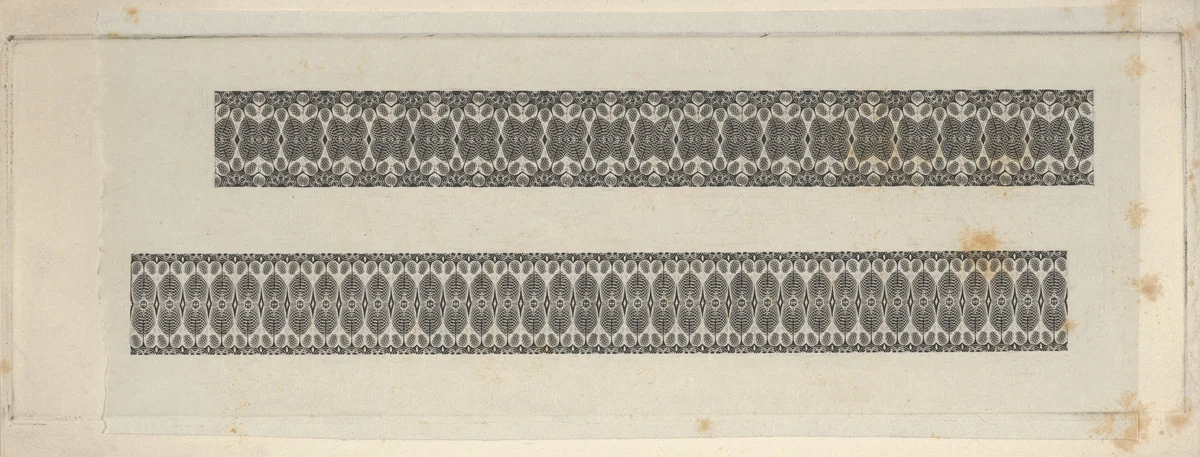 Banknote motifs: two bands of lathe work ornament by Cyrus Durand, print, 1819-1847