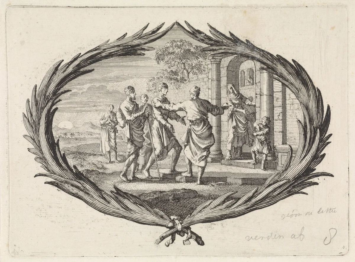 Vreemdelingen herbergen by Jan Luyken, print, 1700
