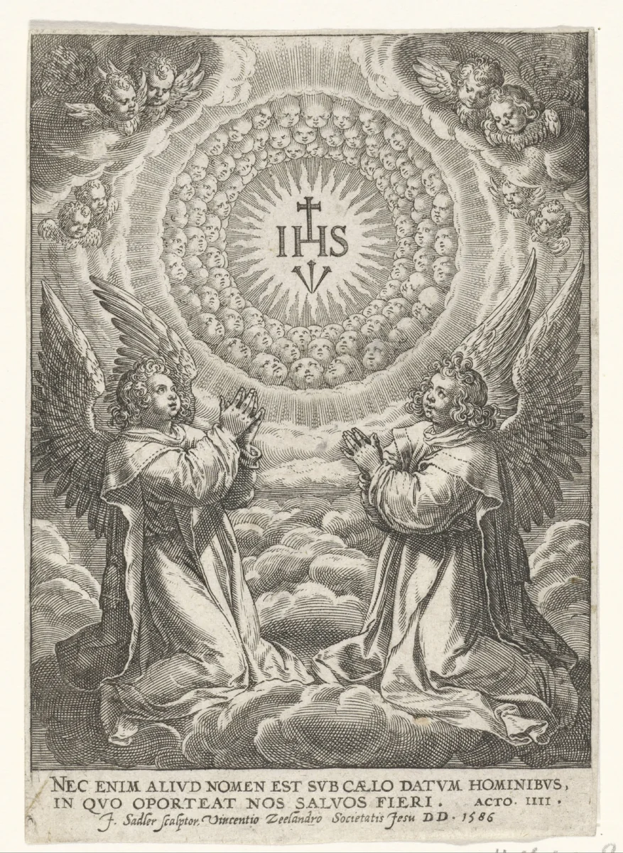 Engelen aanbidden het monogram van Christus by Unknown, print, 1586