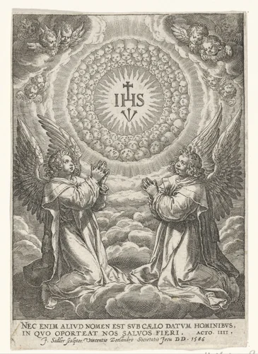 Engelen aanbidden het monogram van Christus by Unknown, print, 1586