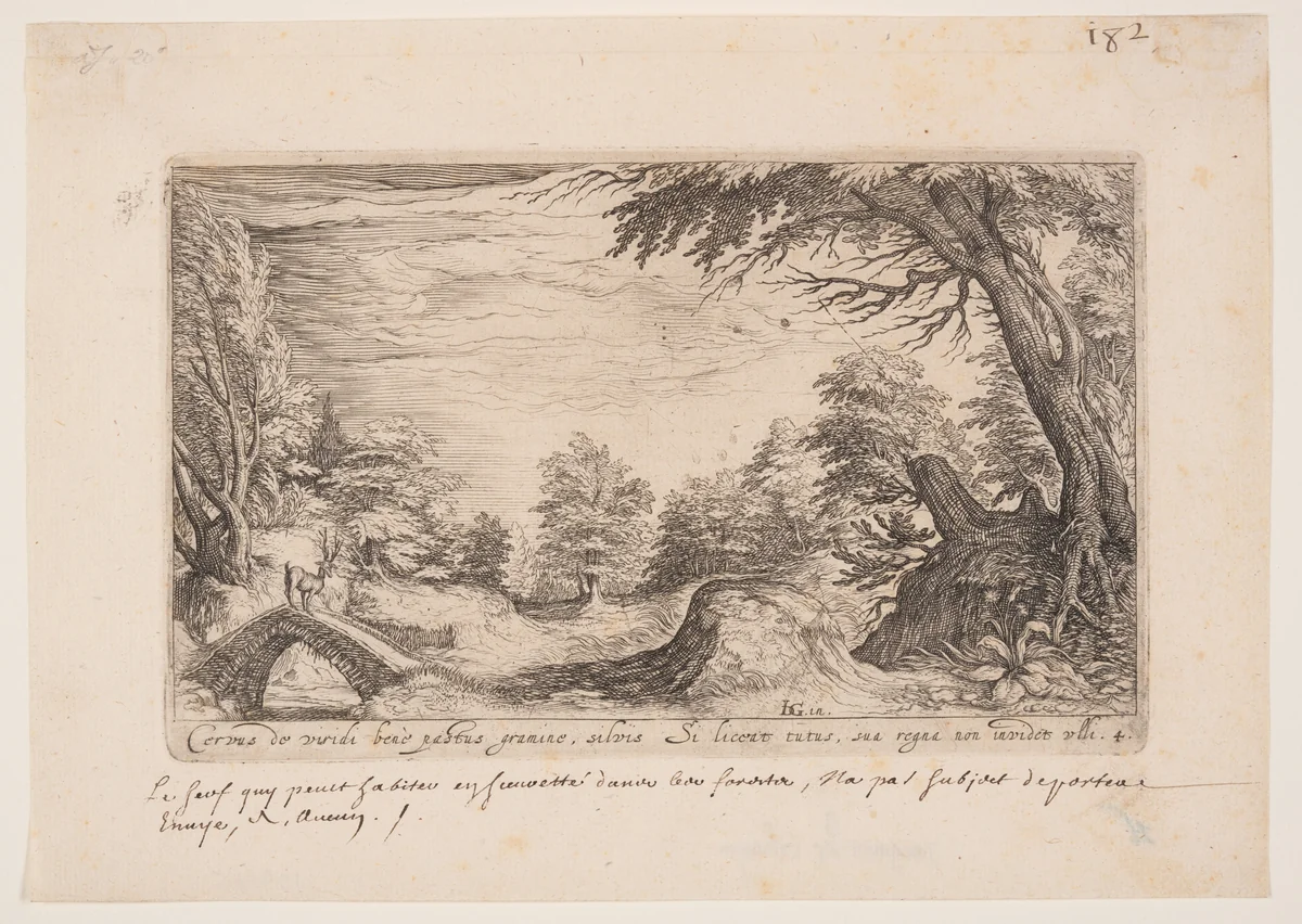 Landscape with a Stag on a Bridge, from Landscapes by Jacques de Gheyn II, print, 1605-1615