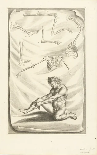 Naakte man die een kous aantrekt by Richard Collin, print, 1675-1680
