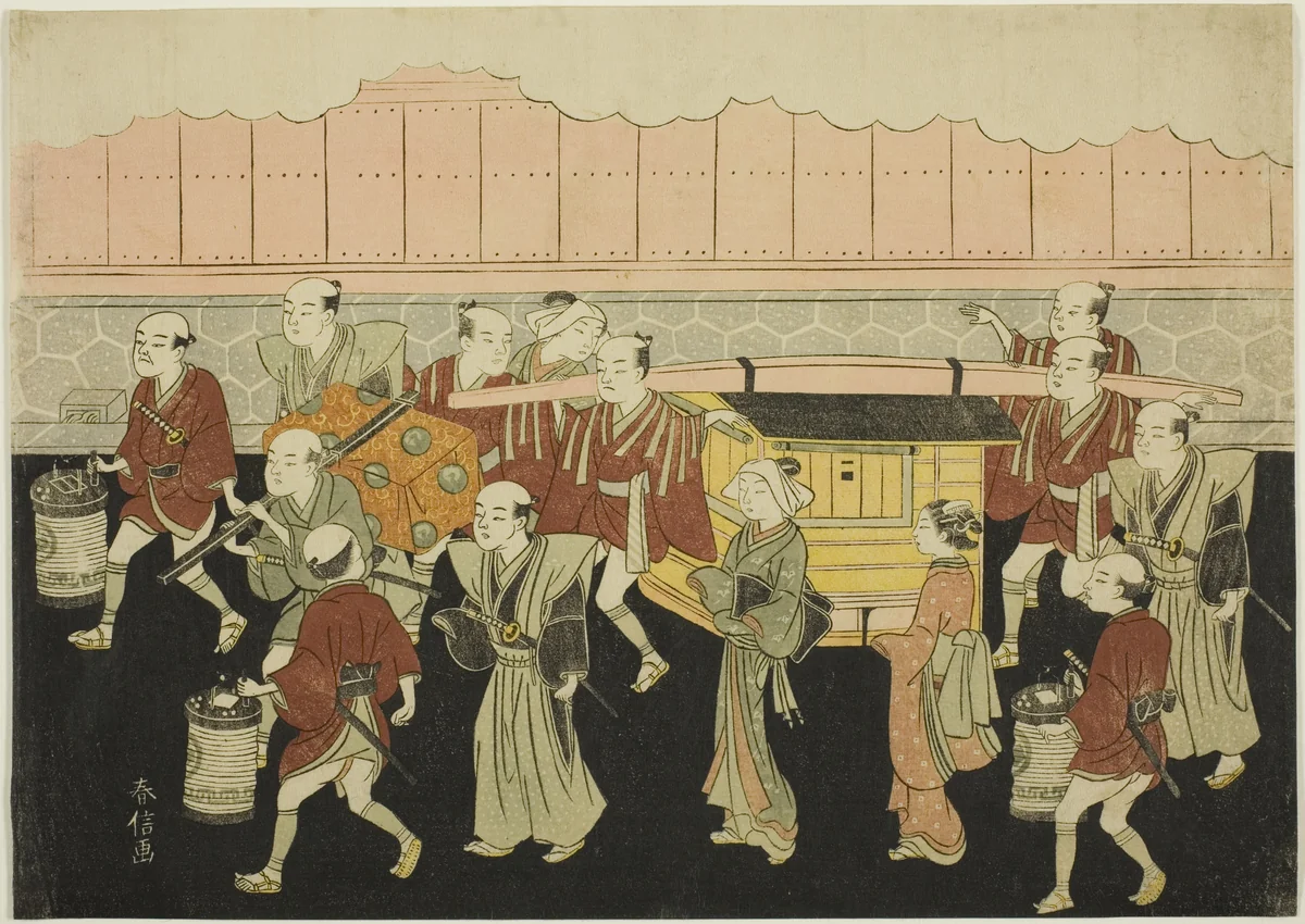 The Bride Riding in the Palanquin to Her Husband's House (Koshi-iri), the third sheet of the series "Marriage in Brocade Prints, the Carriage of the Virtuous Woman (Konrei nishiki misao-guruma)" by Suzuki Harunobu (鈴木春信), print, 1764-1770