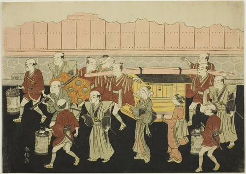 The Bride Riding in the Palanquin to Her Husband's House (Koshi-iri), the third sheet of the series "Marriage in Brocade Prints, the Carriage of the Virtuous Woman (Konrei nishiki misao-guruma)" by Suzuki Harunobu (鈴木春信), print, 1764-1770