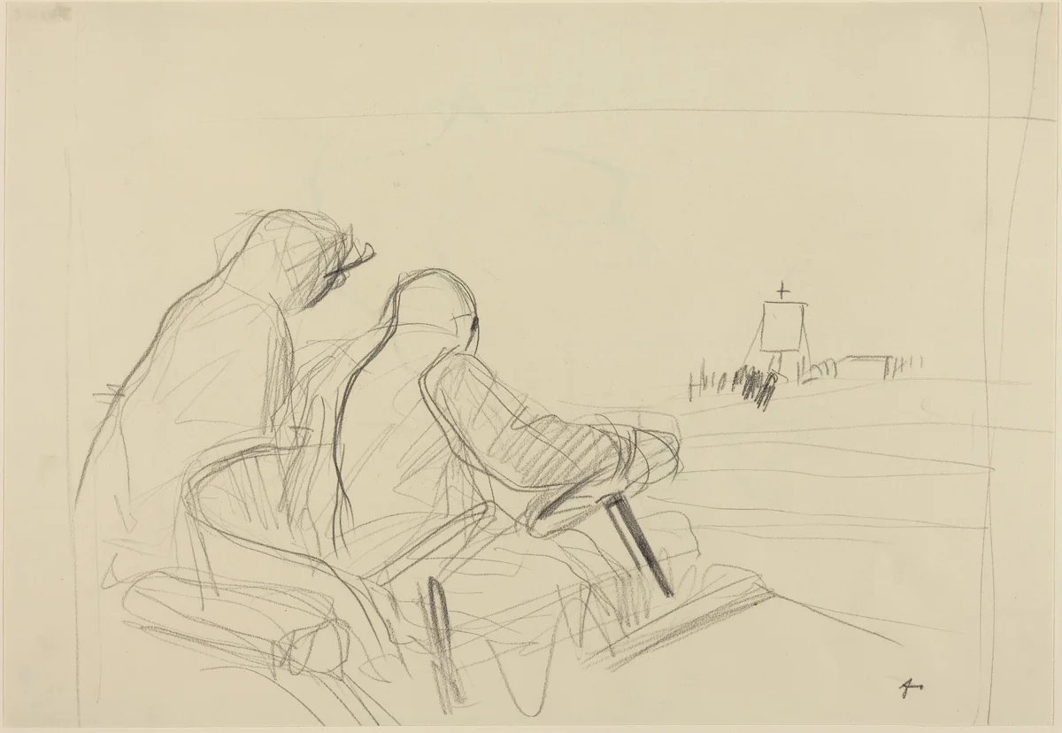 a) Chauffeur and Procession (recto); b) Two Sketches of Chauffeur and Passenger (verso) by Jean-Louis Forain, drawing, 1852-1931