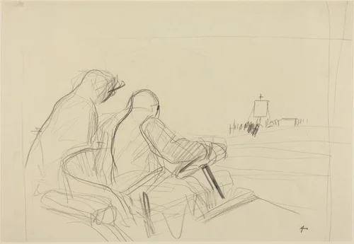 a) Chauffeur and Procession (recto); b) Two Sketches of Chauffeur and Passenger (verso) by Jean-Louis Forain, drawing, 1852-1931