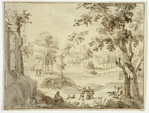 Figures in Landscape with Ruins and Castle by Gaspar van Wittel, drawing, 1600-1699