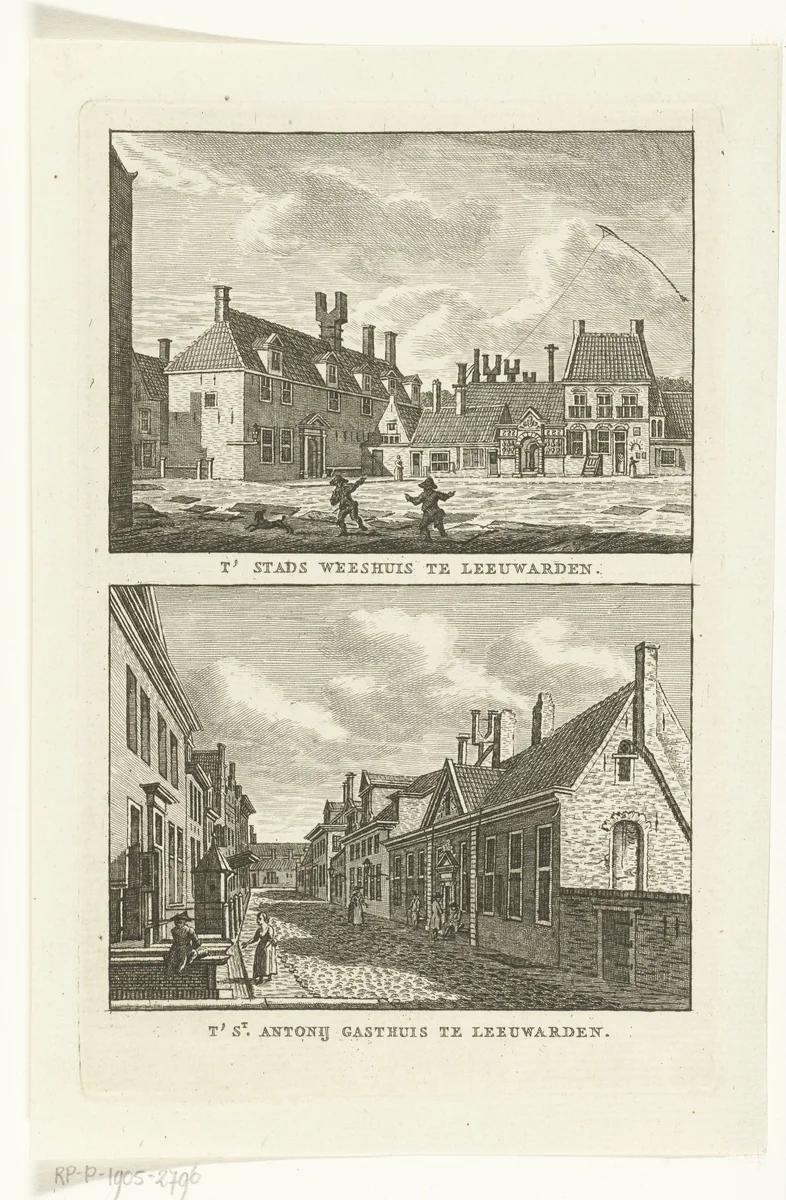 Twee stadsgezichten: Nieuwe Stads Weeshuis te Leeuwarden en Sint Antony Gasthuis te Leeuwarden by Carel Frederik Bendorp, print, 1786-1792