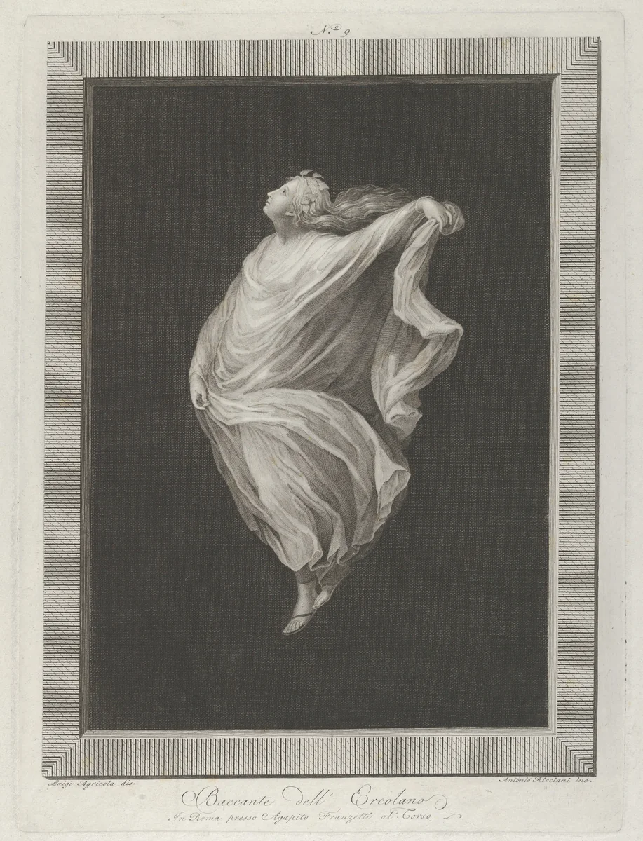 A bacchante seen in profile facing left, with outstretched left arm holding her drapery, set against a black background inside a rectangular frame by Antonio Ricciani, print, 1790-1825
