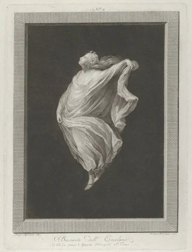 A bacchante seen in profile facing left, with outstretched left arm holding her drapery, set against a black background inside a rectangular frame by Antonio Ricciani, print, 1790-1825
