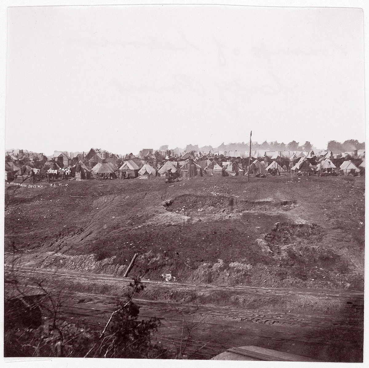 [Camp of Construction Corps, U.S. Military Railroad at City Point, Virginia] by Andrew Joseph Russell, photograph, 1861-1865