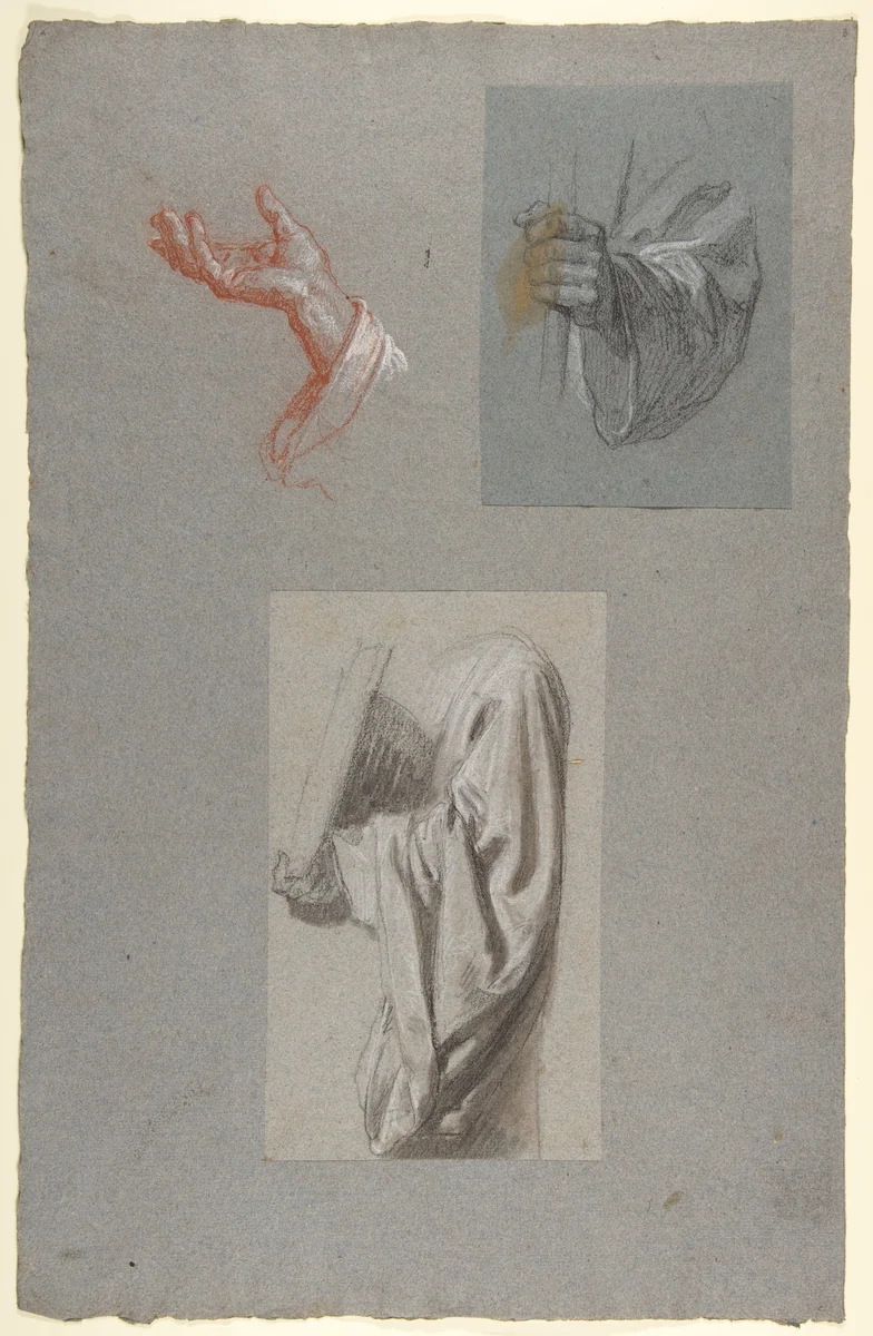 a. Hand of Saint Remi; b. Hand of Saint Remi; c. Drapery Study for Acolyte Holding Book (middle register); (studies for wall paintings in the Chapel of Saint Remi, Sainte-Clotilde, Paris, 1858) by Isidore Pils, drawing, 1830-1875
