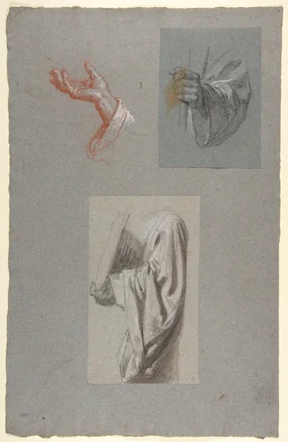 a. Hand of Saint Remi; b. Hand of Saint Remi; c. Drapery Study for Acolyte Holding Book (middle register); (studies for wall paintings in the Chapel of Saint Remi, Sainte-Clotilde, Paris, 1858) by Isidore Pils, drawing, 1830-1875