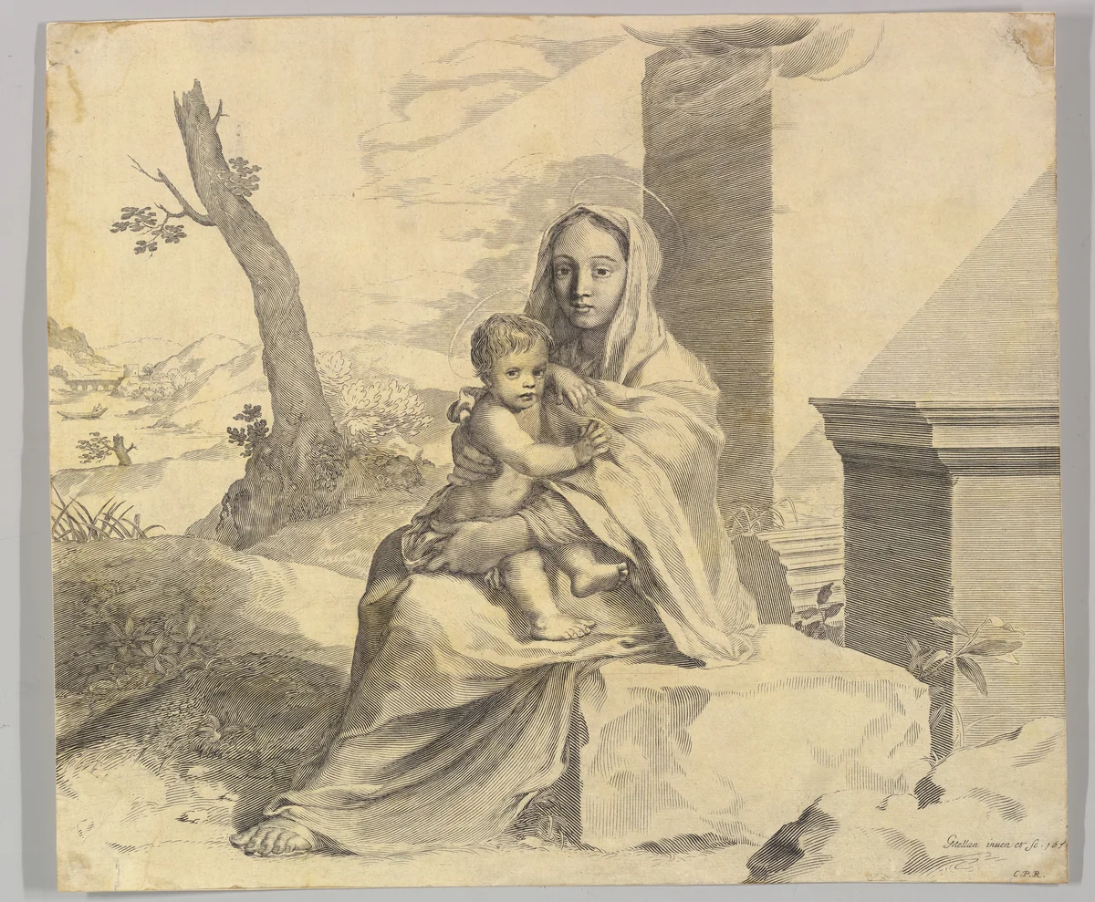 Virgin and Child Seated on a Rock (Vierge à l'Enfant dans des ruines) by Claude Mellan, print, 1659