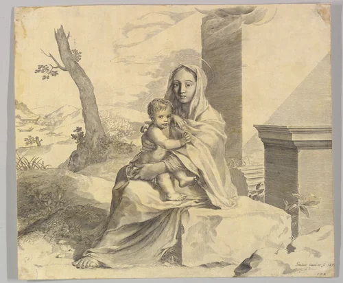 Virgin and Child Seated on a Rock (Vierge à l'Enfant dans des ruines) by Claude Mellan, print, 1659