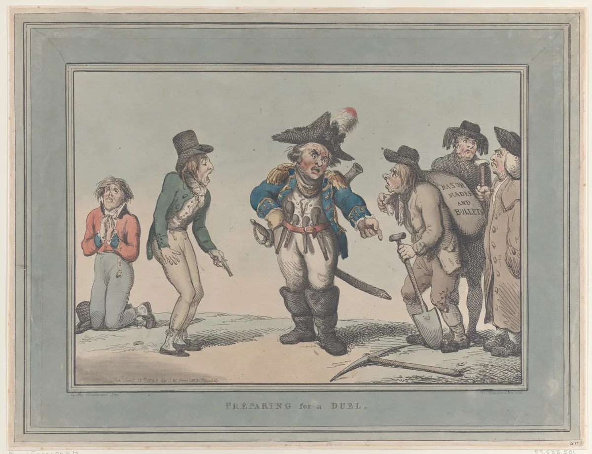 Preparing for a Duel by Thomas Rowlandson, print, 1795