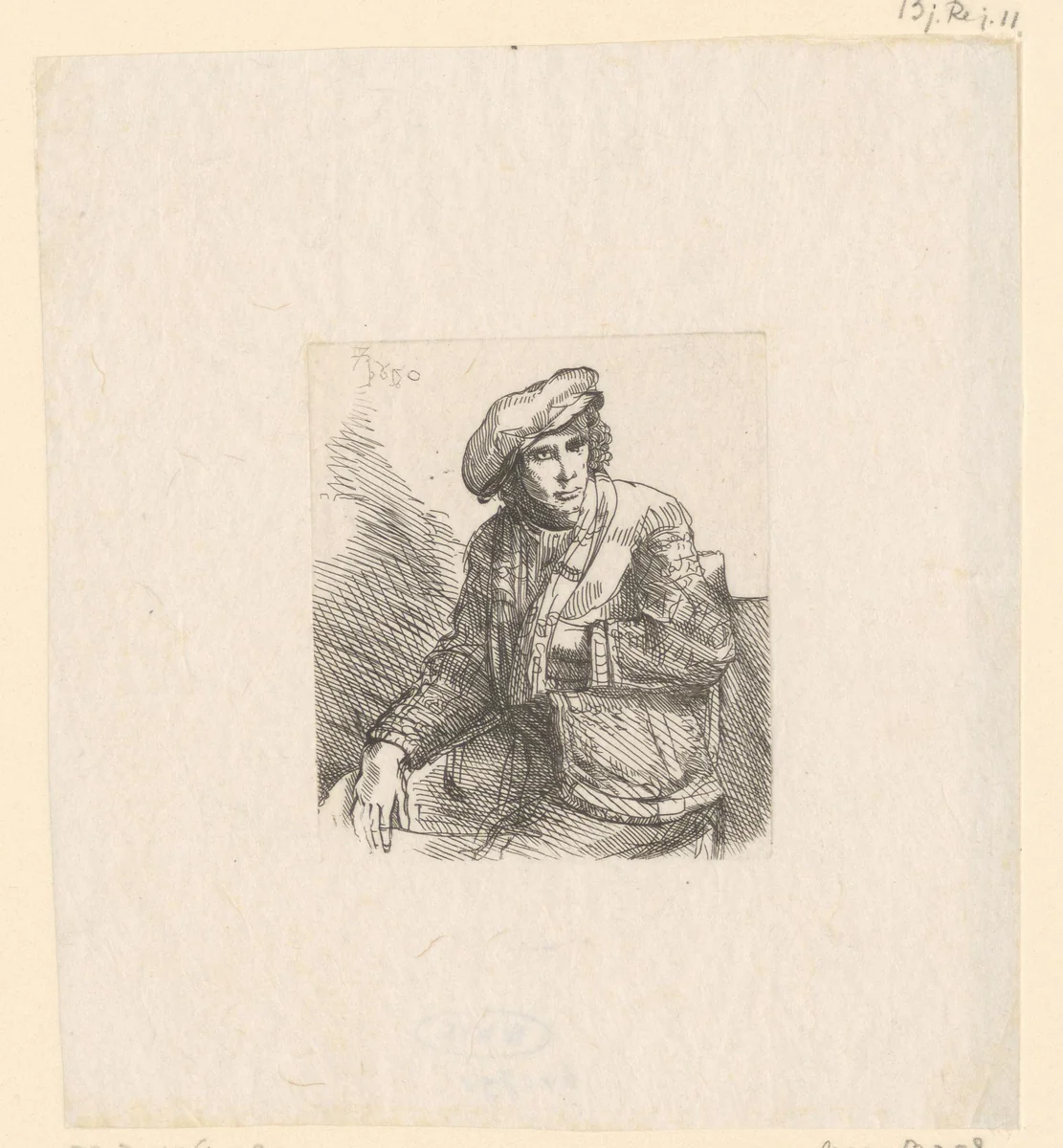 Zittende jongeman met een tas by William James Smith, print, 1824