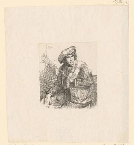 Zittende jongeman met een tas by William James Smith, print, 1824