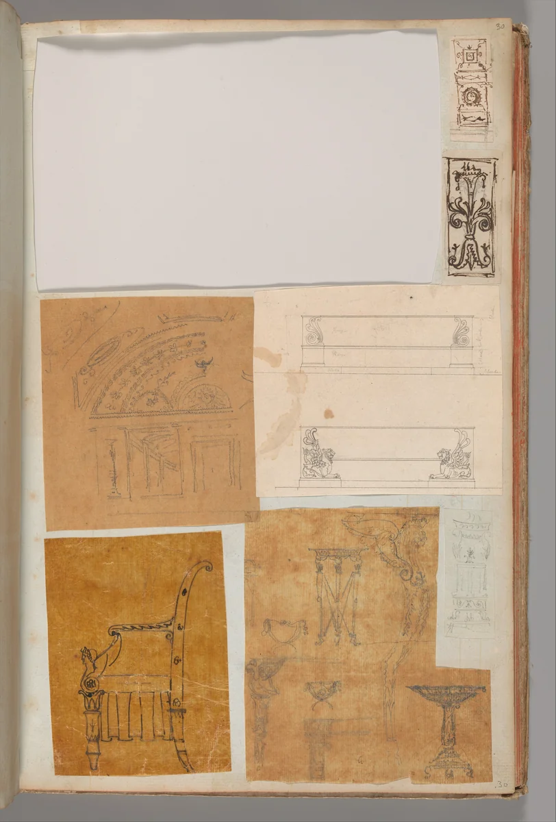 Page from a Scrapbook containing Drawings and Several Prints of Architecture, Interiors, Furniture and Other Objects by Charles Percier, book, 1795-1805