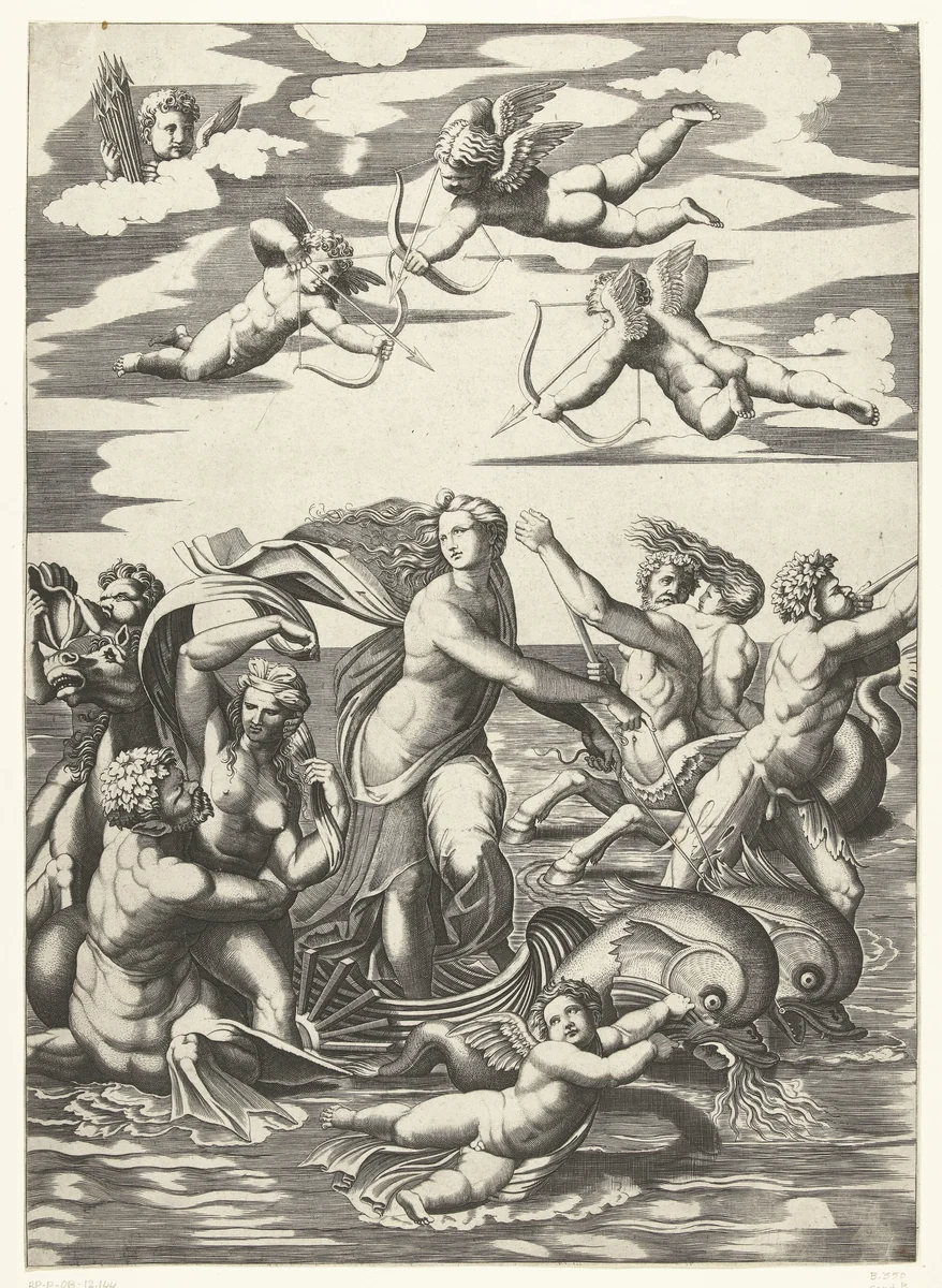 Triomf van Galatea met tritons en nereïden en putti by anonymous, print, 1515-1582
