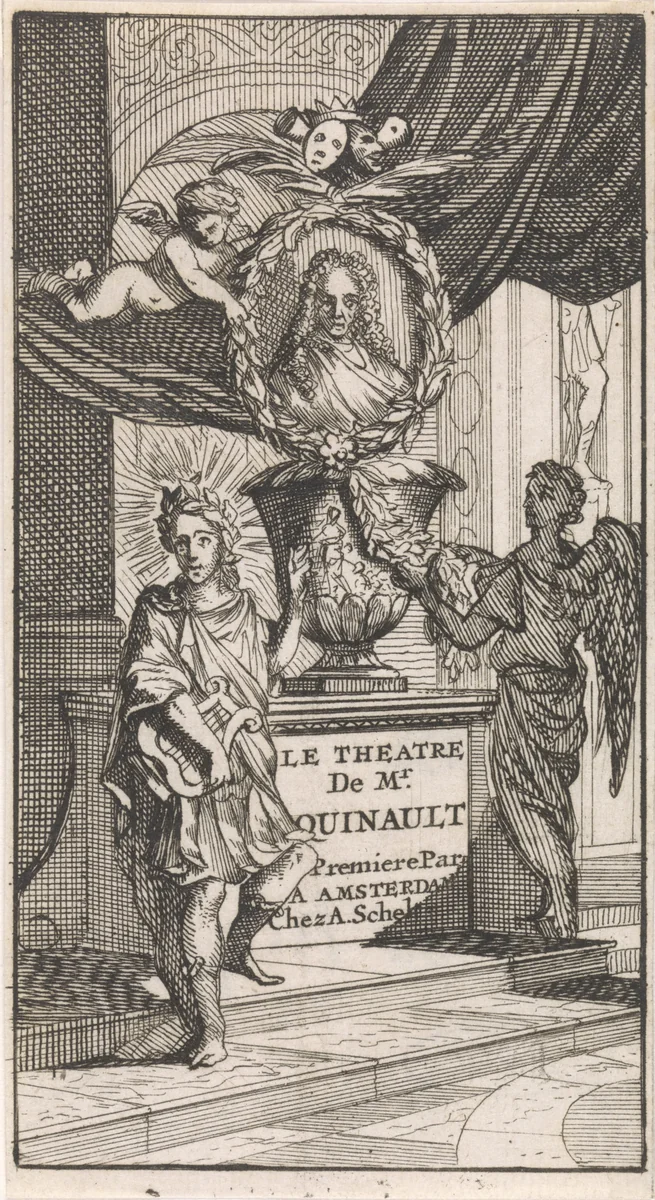 Apollo en een engel wijzen op het portret van Philippe Quinault by Caspar Luyken, print, 1697