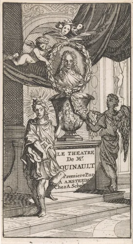 Apollo en een engel wijzen op het portret van Philippe Quinault by Caspar Luyken, print, 1697