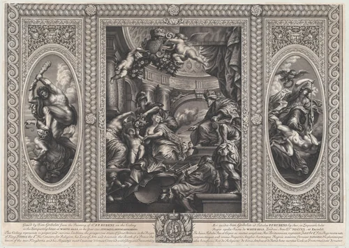 An allegorical scene showing the benefits of James' reign at center, Wise Government trampling Rebellion at right, and Liberty trampling Avarice at left by Simon Gribelin II, print, 1720