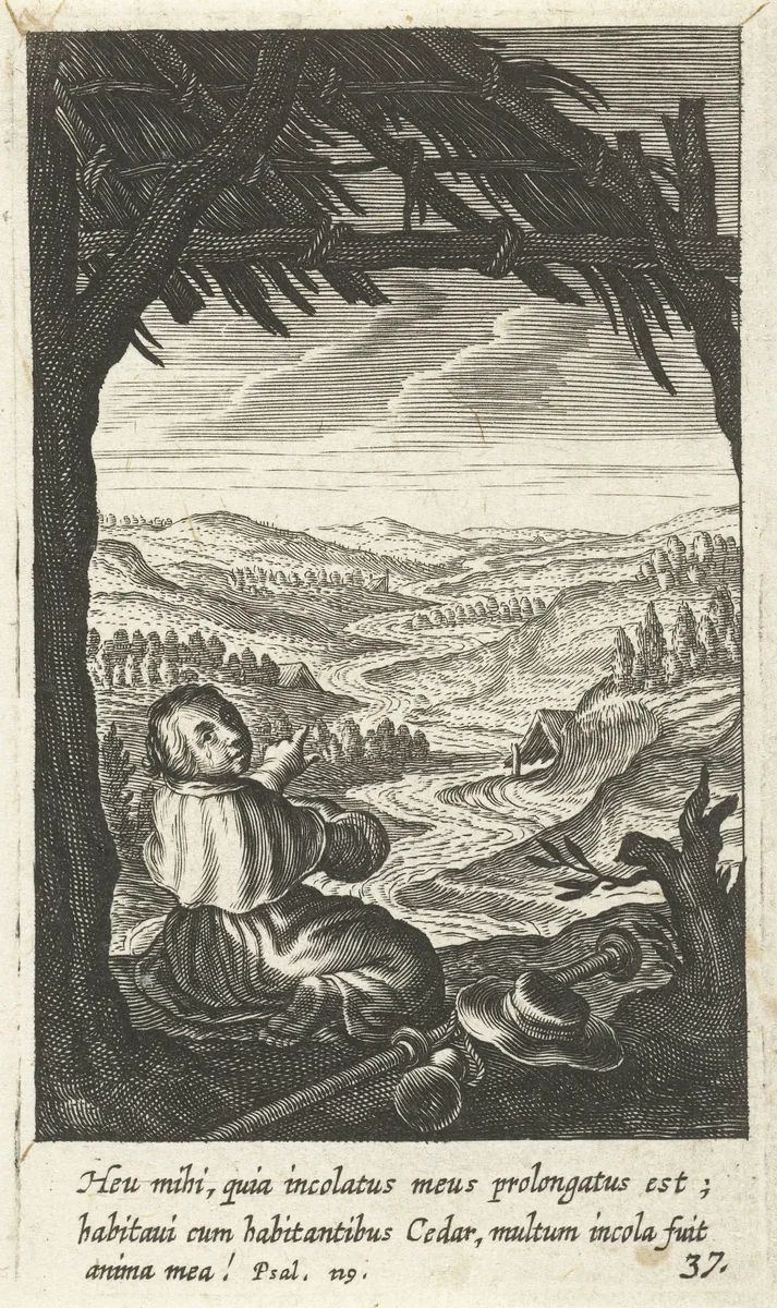 Kind gekleed als pelgrim zit in hut by Boëtius Adamsz. Bolswert, print, 1590-1624