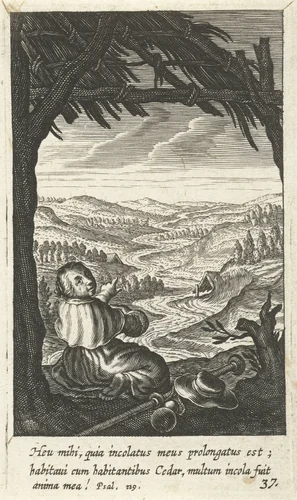 Kind gekleed als pelgrim zit in hut by Boëtius Adamsz. Bolswert, print, 1590-1624