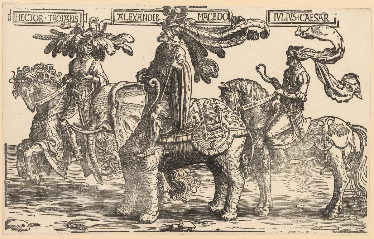 The Nine Heroes: Hector of Troy, Alexander of Macedon, Julius Caesar by Lucas van Leyden, print, 1515-1517