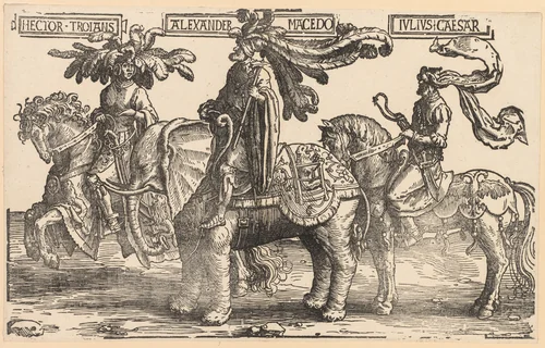 The Nine Heroes: Hector of Troy, Alexander of Macedon, Julius Caesar by Lucas van Leyden, print, 1515-1517