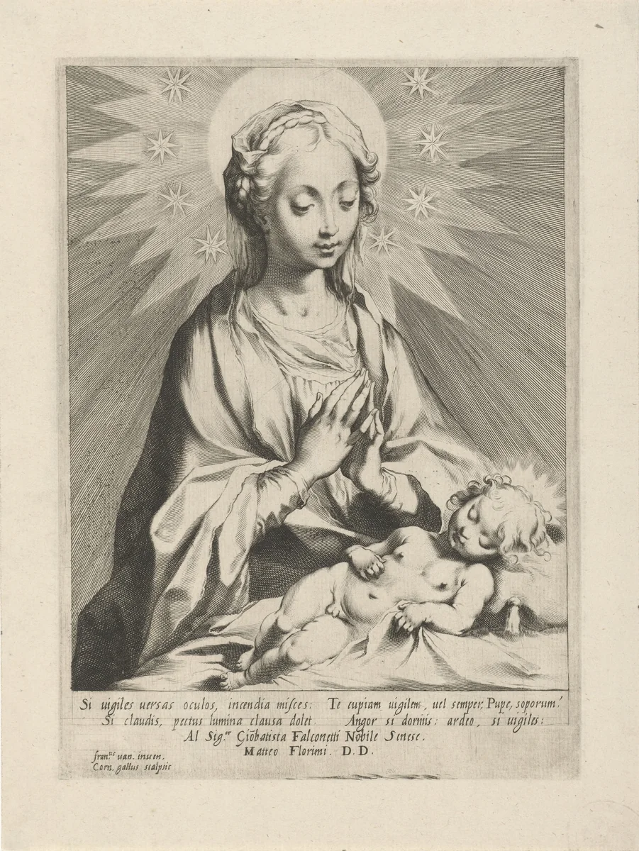 Maria aanbidt het Christuskind by Unknown, print, 1586-1610