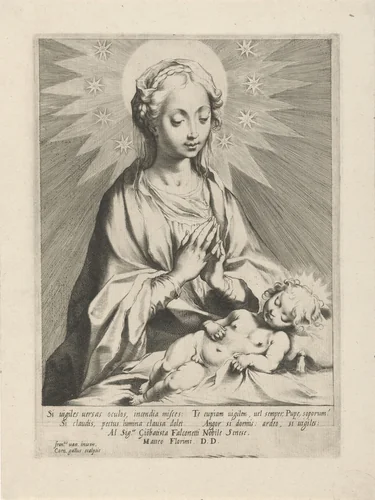 Maria aanbidt het Christuskind by Unknown, print, 1586-1610