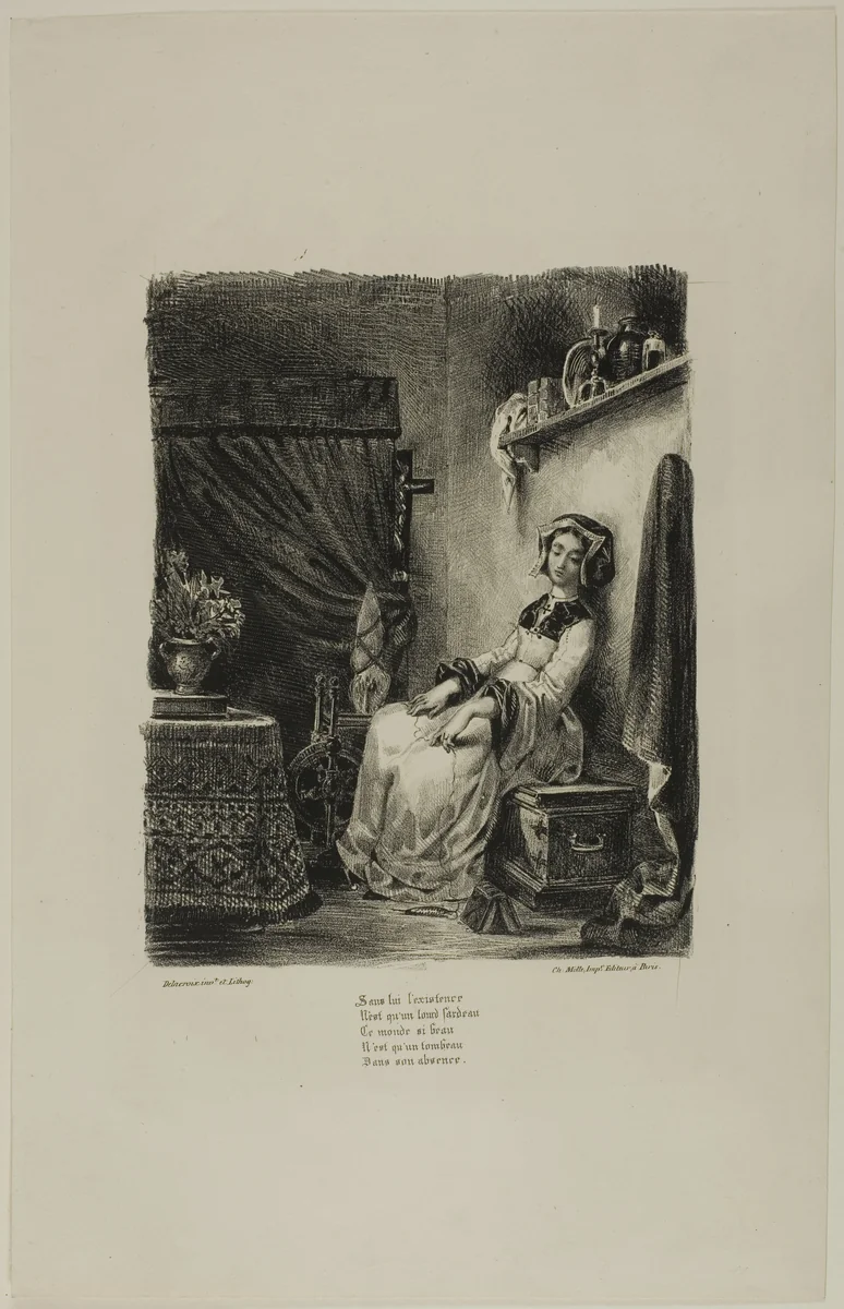Marguerite at the Spinning Wheel, from Faust by Eugène Delacroix, print, 1828