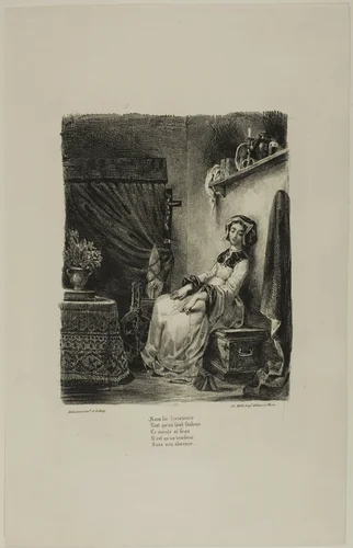 Marguerite at the Spinning Wheel, from Faust by Eugène Delacroix, print, 1828