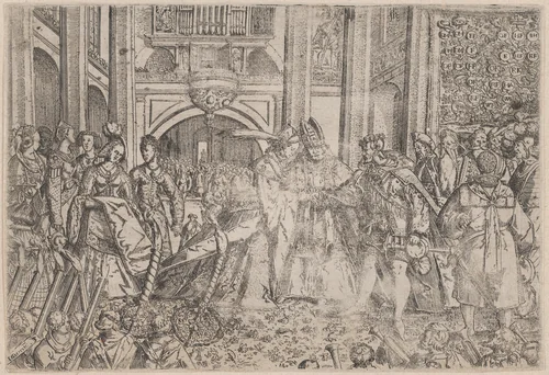 A princely wedding performed by a bishop by anonymous, print, 1671-1699