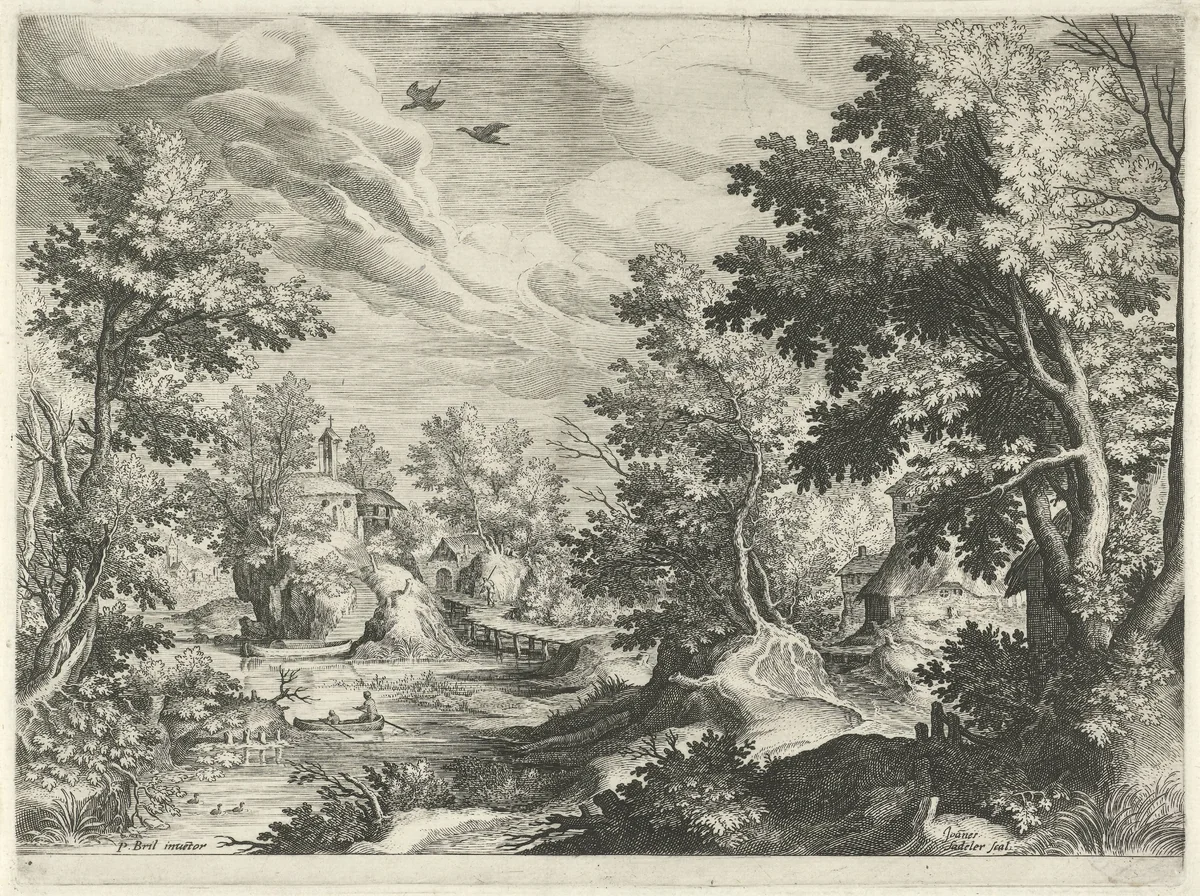Rivierlandschap met een roeiboot by Unknown, print, 1560-1600