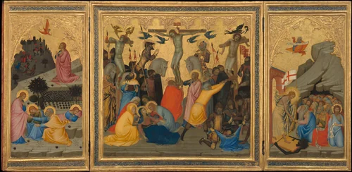 Scenes from the Passion of Christ: The Agony in the Garden, the Crucifixion, and the Descent into Limbo [entire triptych] by Andrea di Vanni, painting, 1380-1389