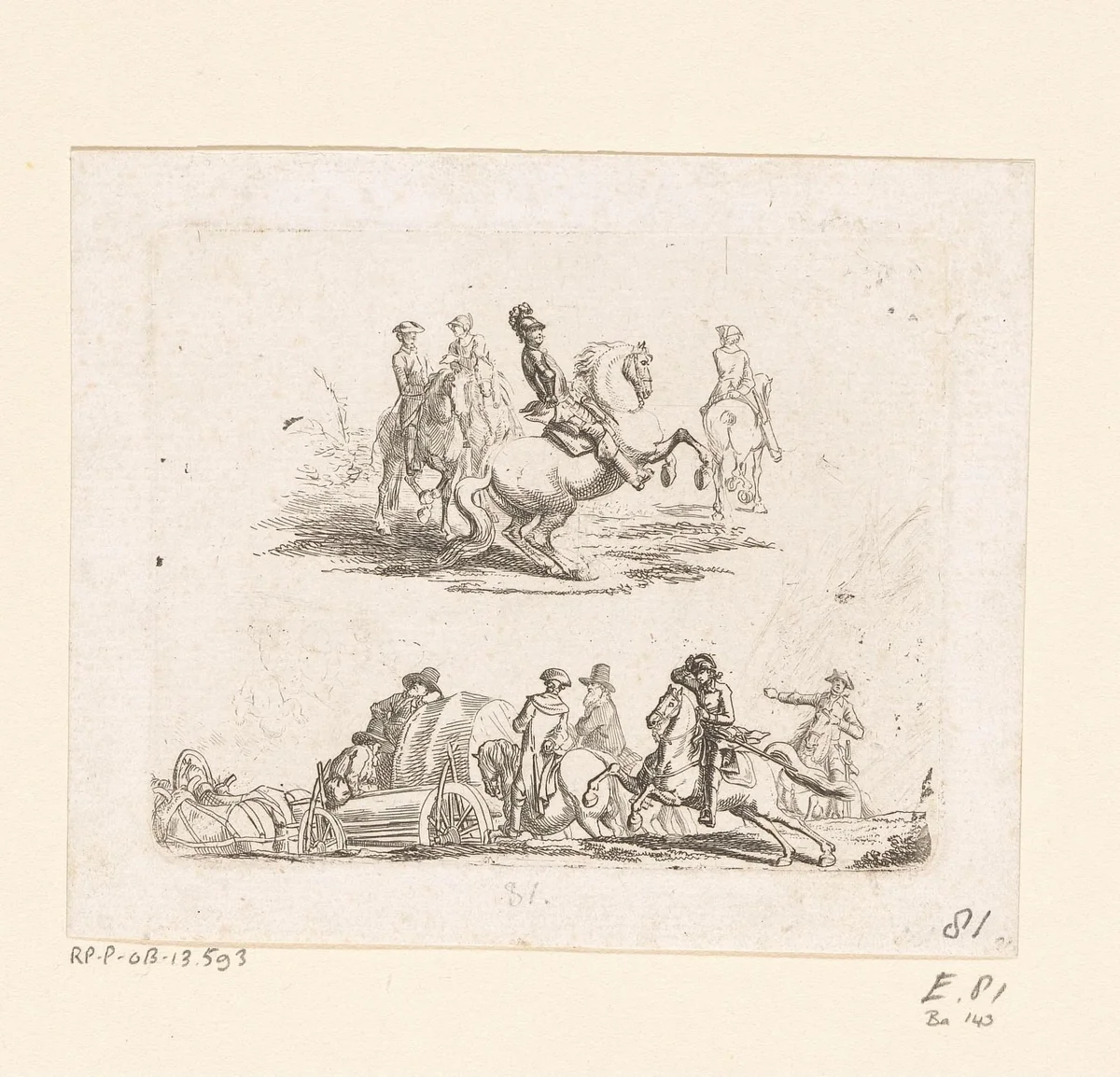 Twee studies van ruiters by Daniel Nikolaus Chodowiecki, print, 1771