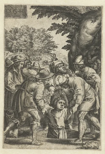 Jozef wordt door zijn broers in de put gegooid by anonymous, print, 1546-1599