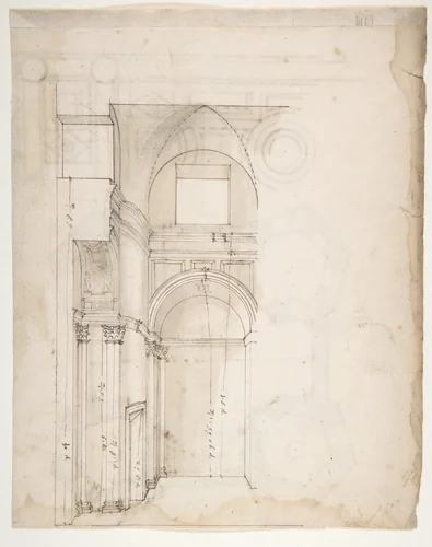 S. Giovanni Laterno, Oratorio della Santa Croce, section, perspective (recto) blank (verso) by anonymous, drawing, 1500-1560