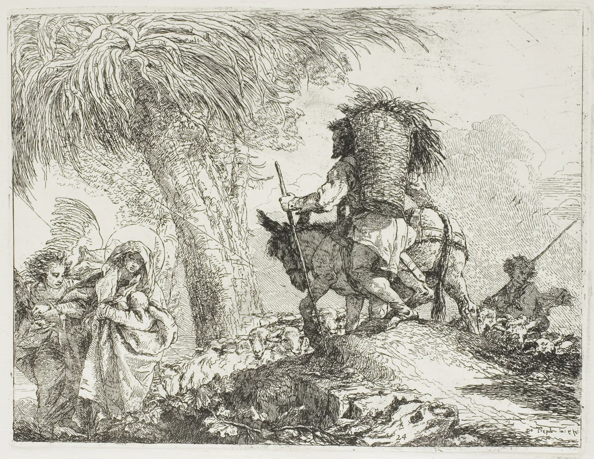 Mary, Helped by an Angel, and Joseph Carrying the Basket, Passing a Flock, plate 24 from The Flight into Egypt by Giovanni Domenico Tiepolo, print, 1753