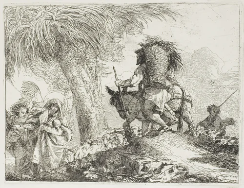 Mary, Helped by an Angel, and Joseph Carrying the Basket, Passing a Flock, plate 24 from The Flight into Egypt by Giovanni Domenico Tiepolo, print, 1753