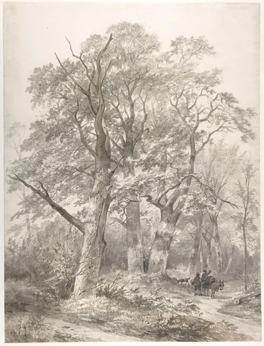 A Forest with Two Men Conversing by Jacobus Pelgrom, drawing, 1842