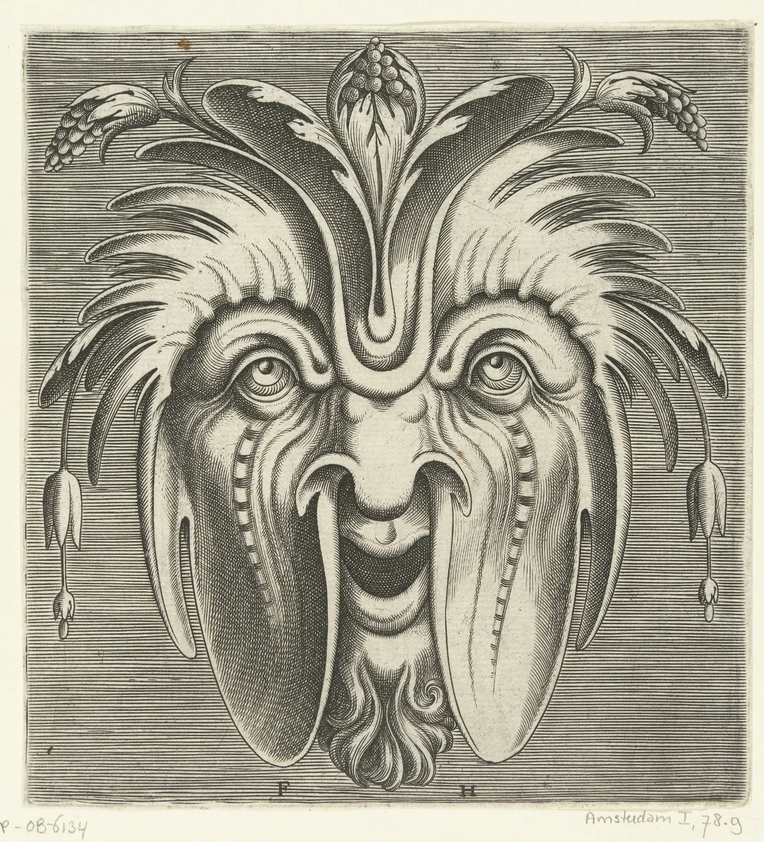Masker met uitgezakte wangen en trossen bessen in het haar by Unknown, print, 1555